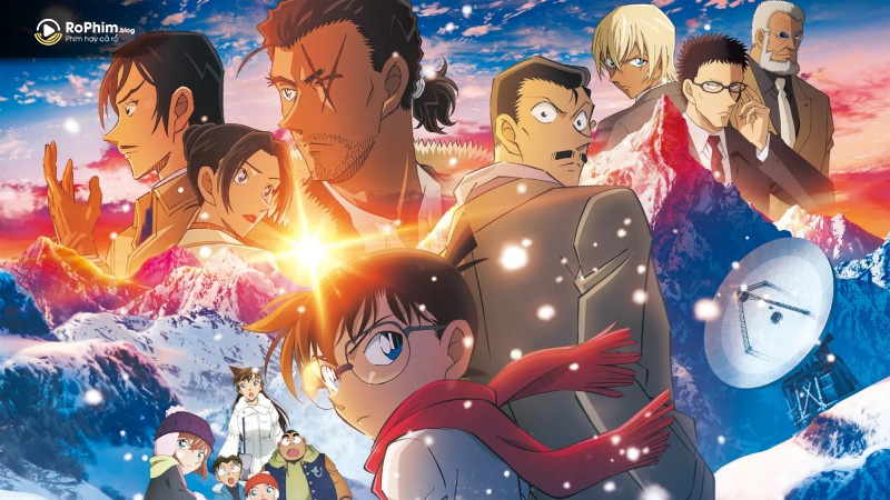 Poster phim Conan: Dư Ảnh Của Độc Nhãn với dàn nhân vật trong bối cảnh núi tuyết Nagano