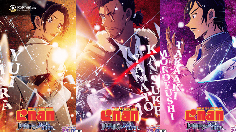 Poster ba nhân vật chính trong phim Conan: Dư Ảnh Của Độc Nhãn với hiệu ứng kính vỡ