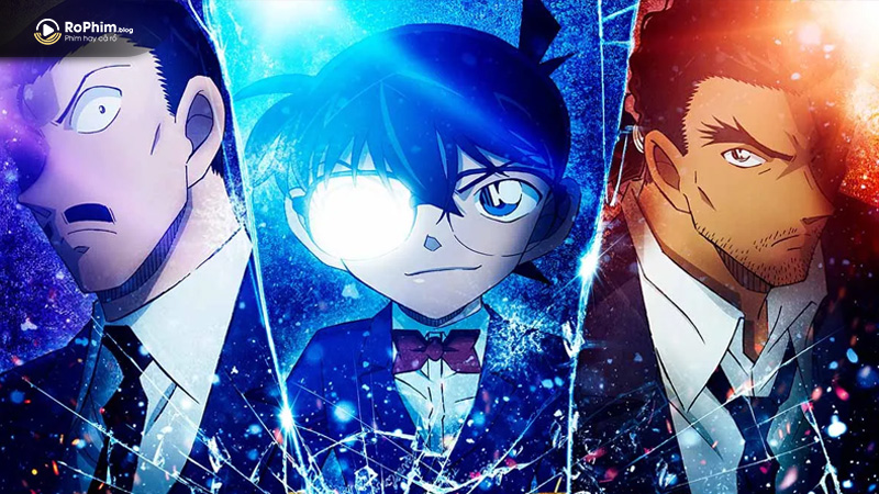Conan, Kogoro và Yamato trong poster phim Conan: Dư Ảnh Của Độc Nhãn hiệu ứng kính vỡ