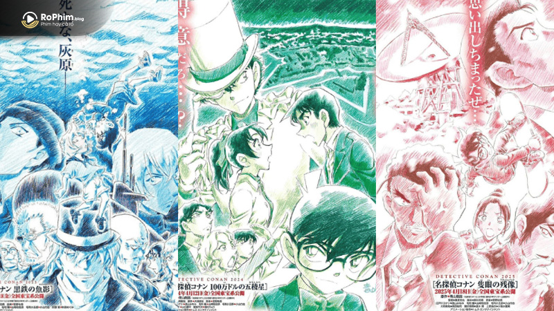 Ba poster nghệ thuật Conan: Dư Ảnh Của Độc Nhãn với Kaitou Kid và dàn nhân vật chính