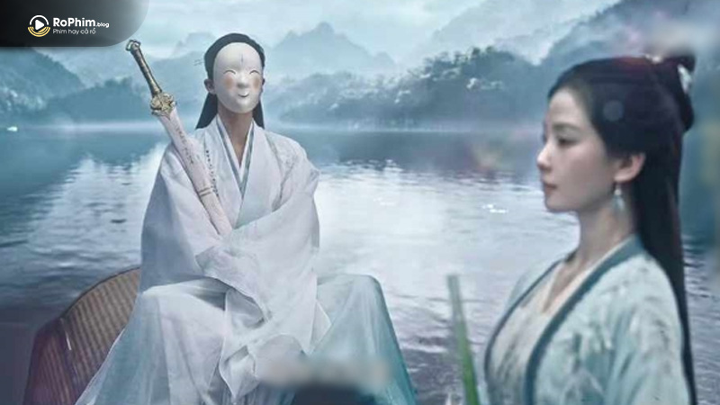 Cảnh nhân vật đeo mặt nạ trên thuyền giữa hồ trong phim Hoài Thủy Trúc Đình